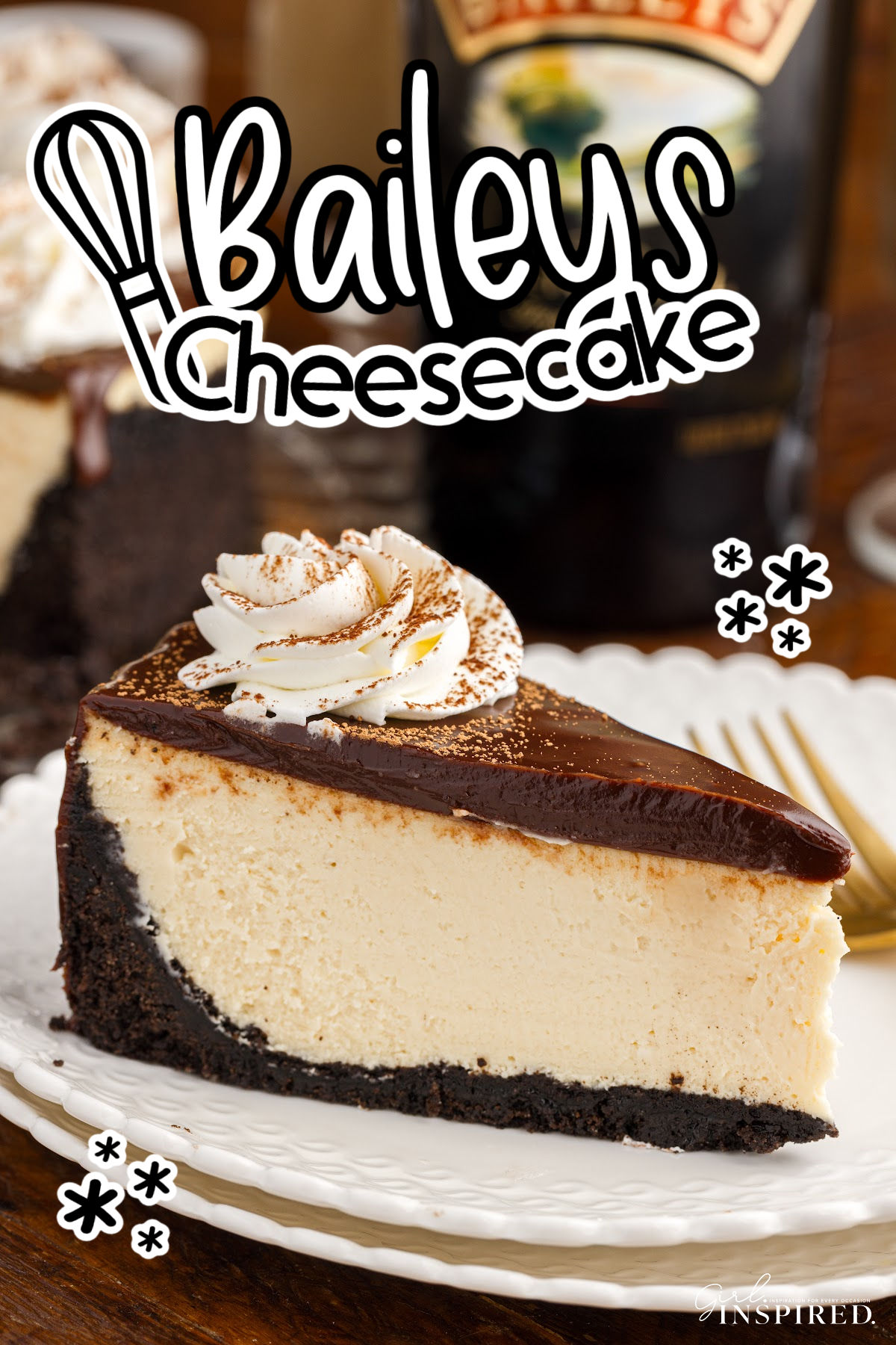 A slice of Baileys Cheesecake on a plate with text overlay.