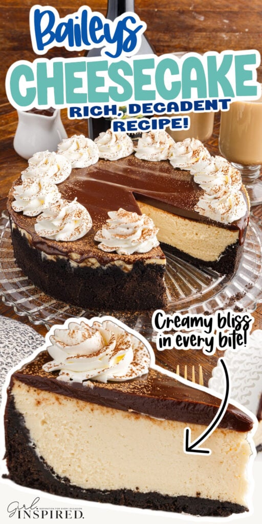Baileys Cheesecake with a slice missing and a slice of Bailey’s Cheesecake with text overlay.
