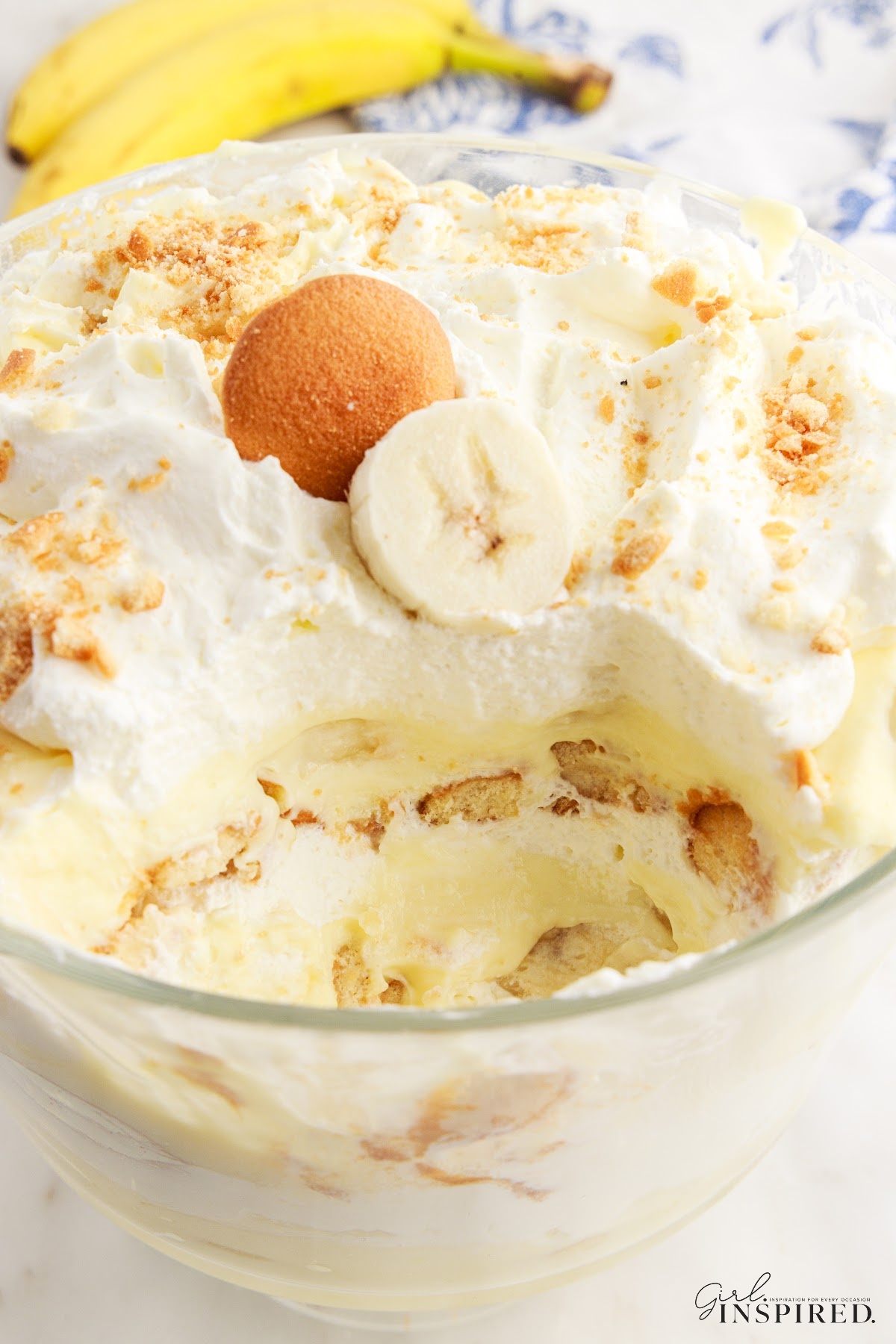Banana Pudding Trifle with a serving missing.