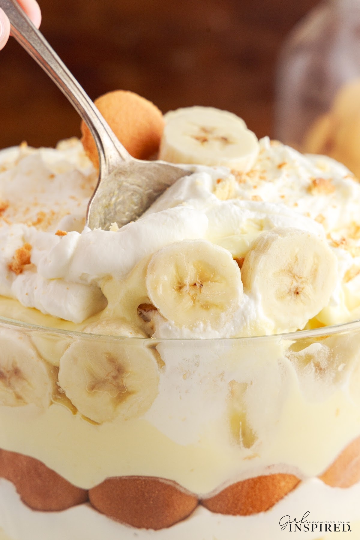 Close up of Banana Pudding Trifle with a spoon inserted.