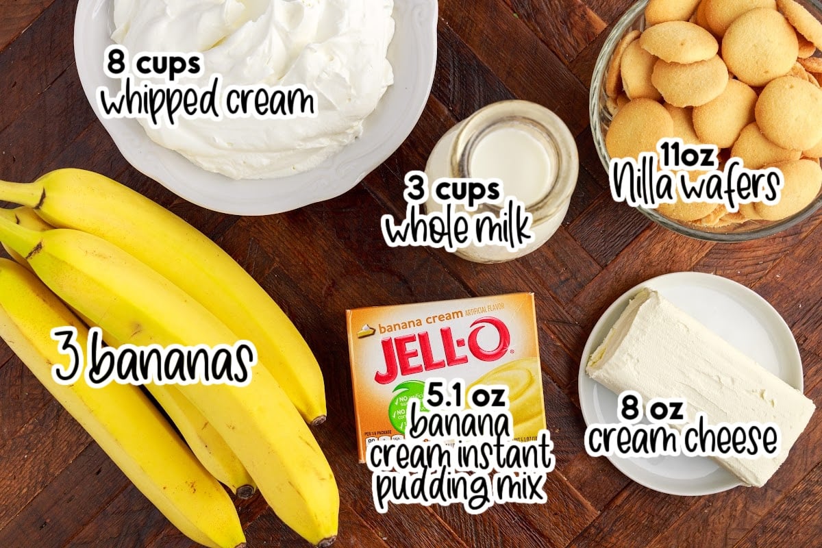 Ingredients needed to make Banana Pudding Trifle with text overlay.