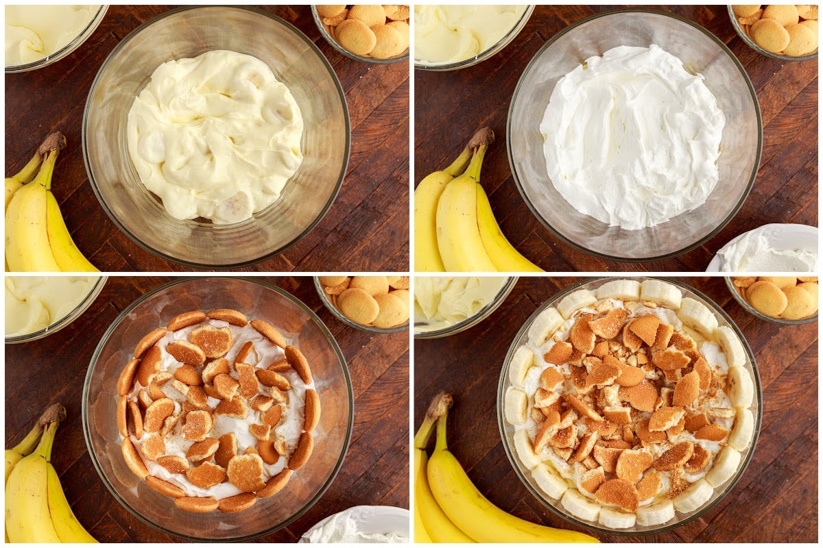 Four images of the Banana Pudding Trifle being assembled.