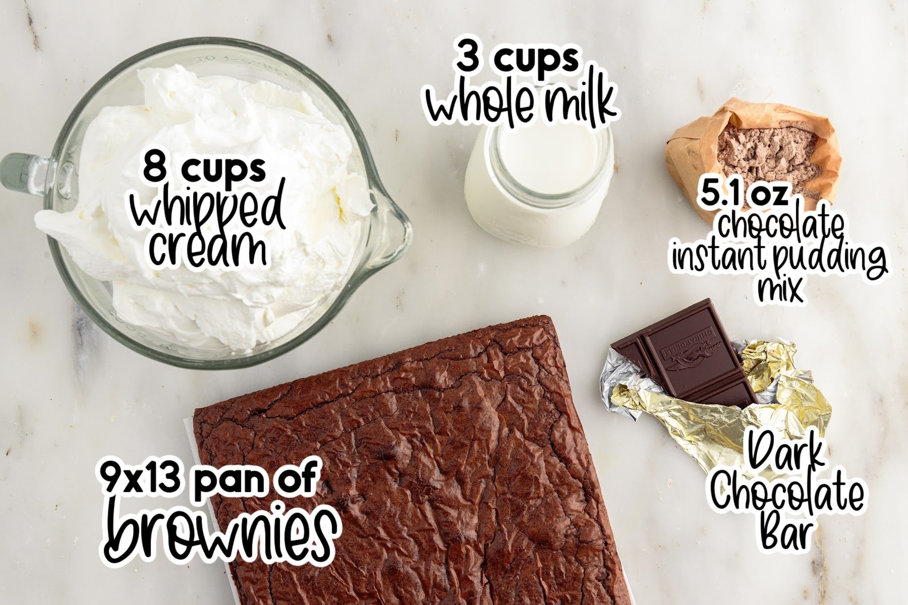 Ingredients needed to make Brownie Trifle Recipe with text overlay.