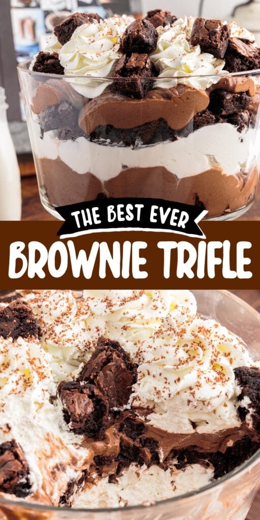 Two images of Brownie Trifle Recipe front view and top view with a serving missing with text overlay.