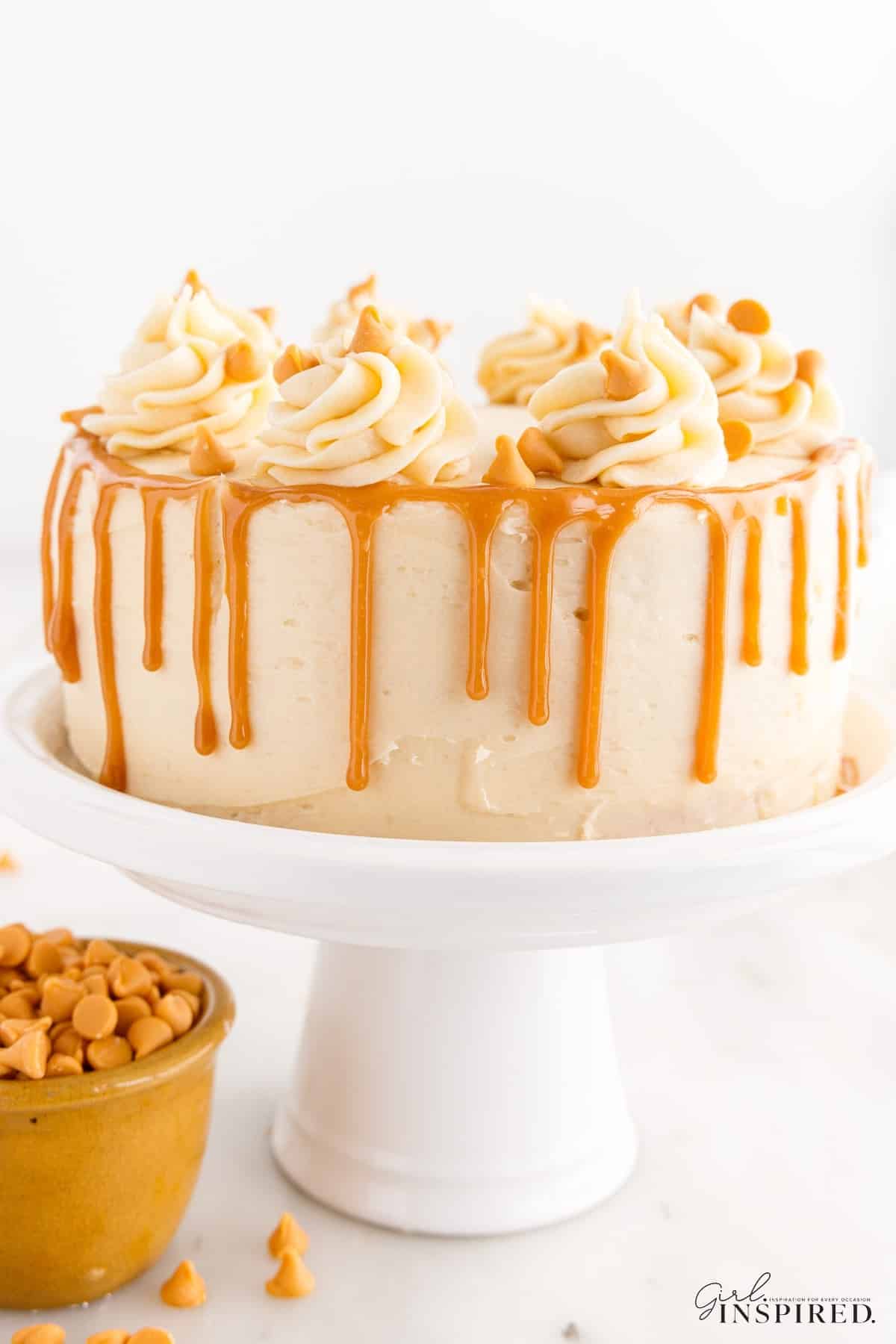 Butterscotch Cake on a cake platter.