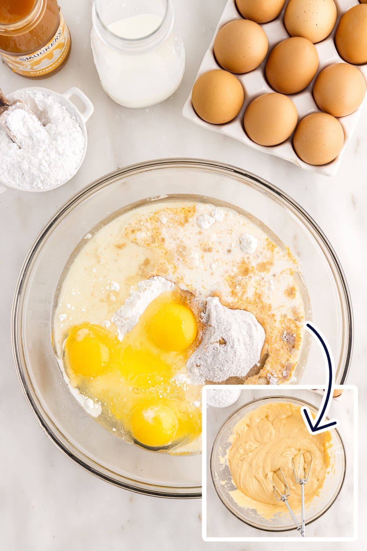 Eggs added to Butterscotch batter.