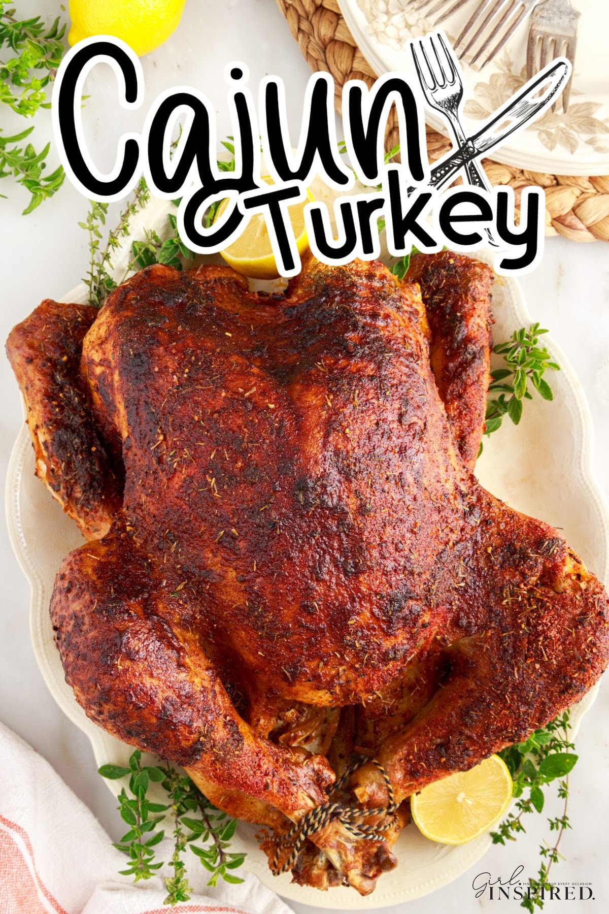 A large crispy cajun turkey on a serving platter with text overlay.