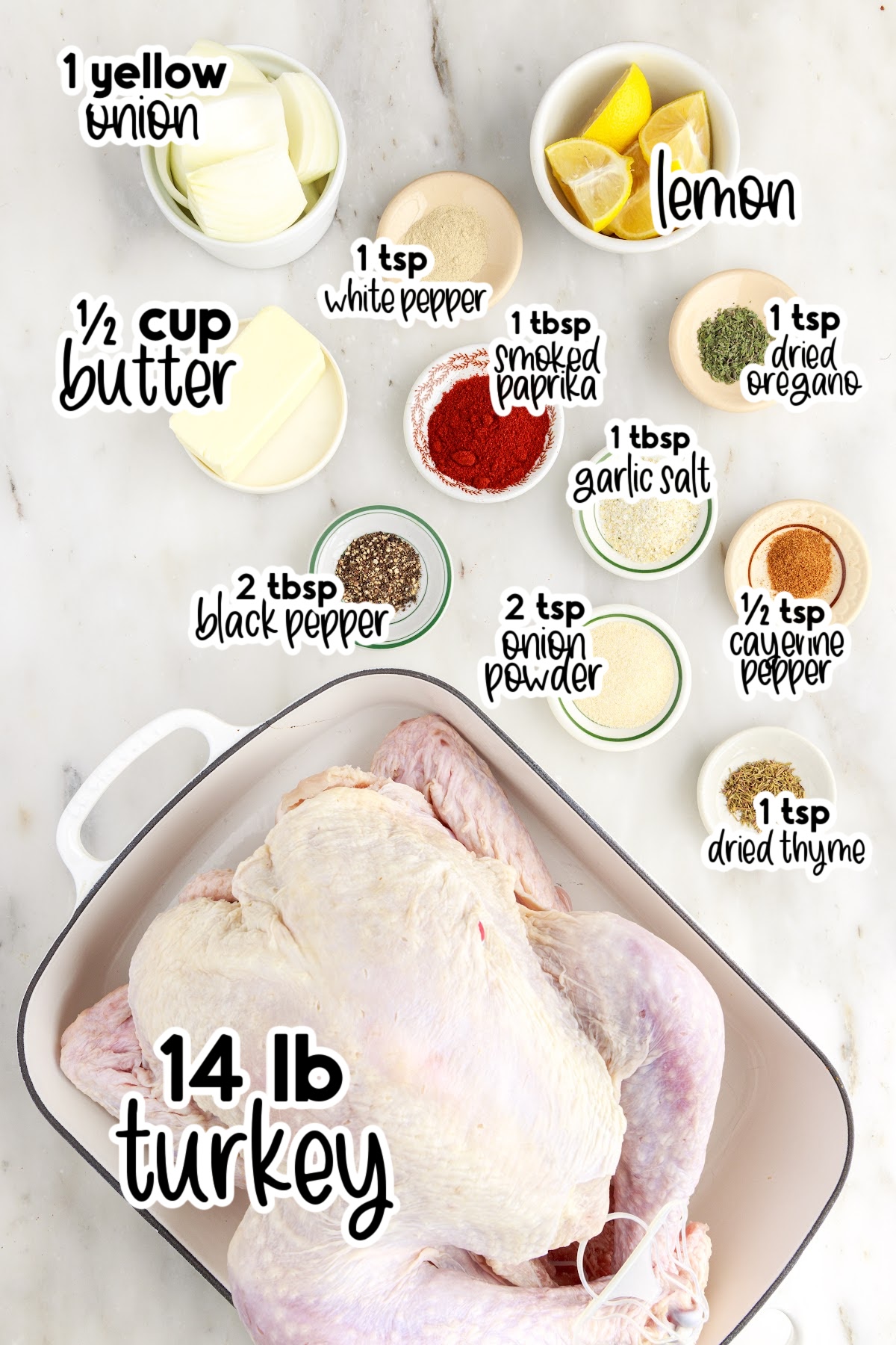 Ingredients labeled to make homemade cajun turkey.
