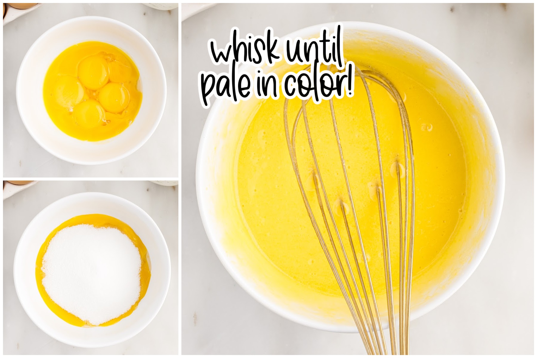 Three images of eggs in a mixing bowl, sugar added to eggs and egg mixture mixed together with a whisk with text overlay.