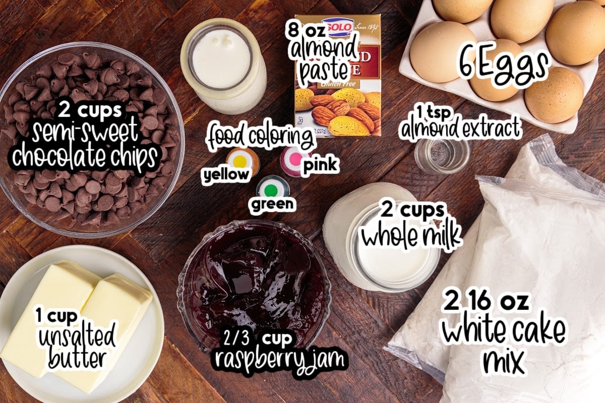 Individual ingredients for Italian rainbow cake with text labels.