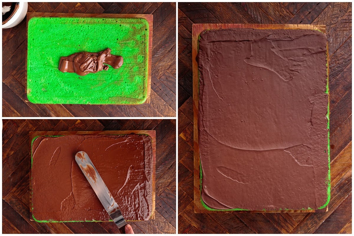 Three images of the green cake layer being iced with chocolate.