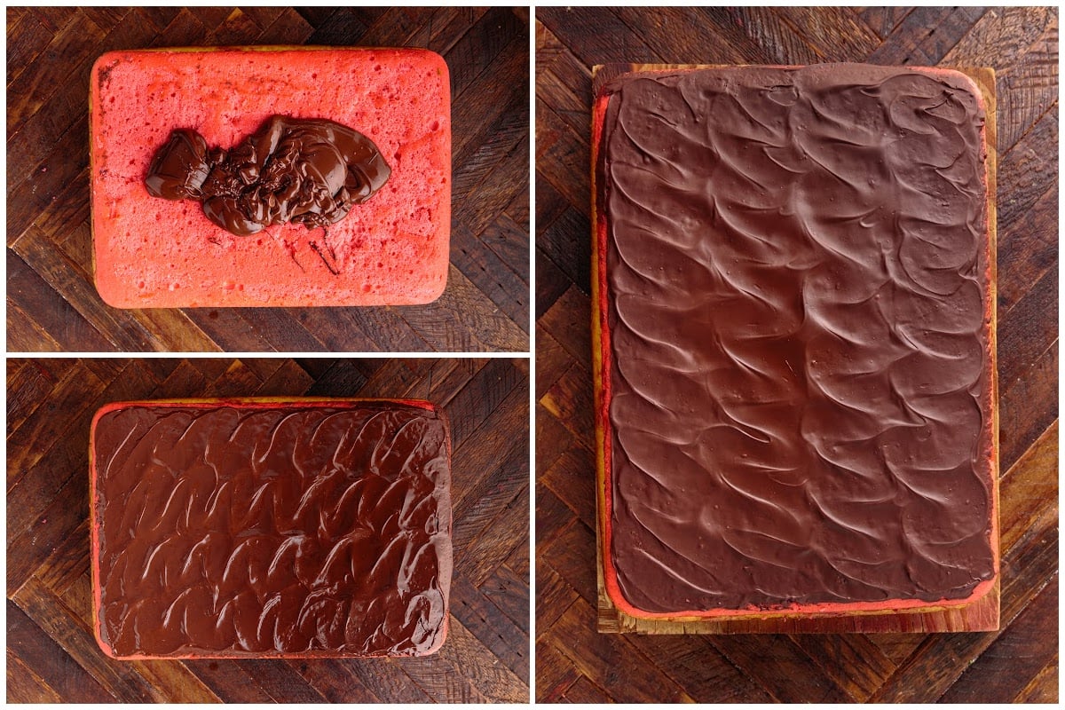 Three images of the pink layer of Italian Rainbow Cake being iced.