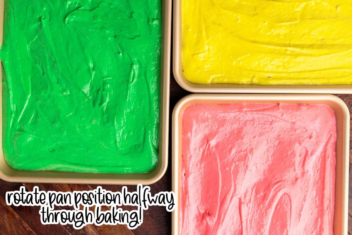 Cake batter in three pans with text "rotate position halfway through baking."