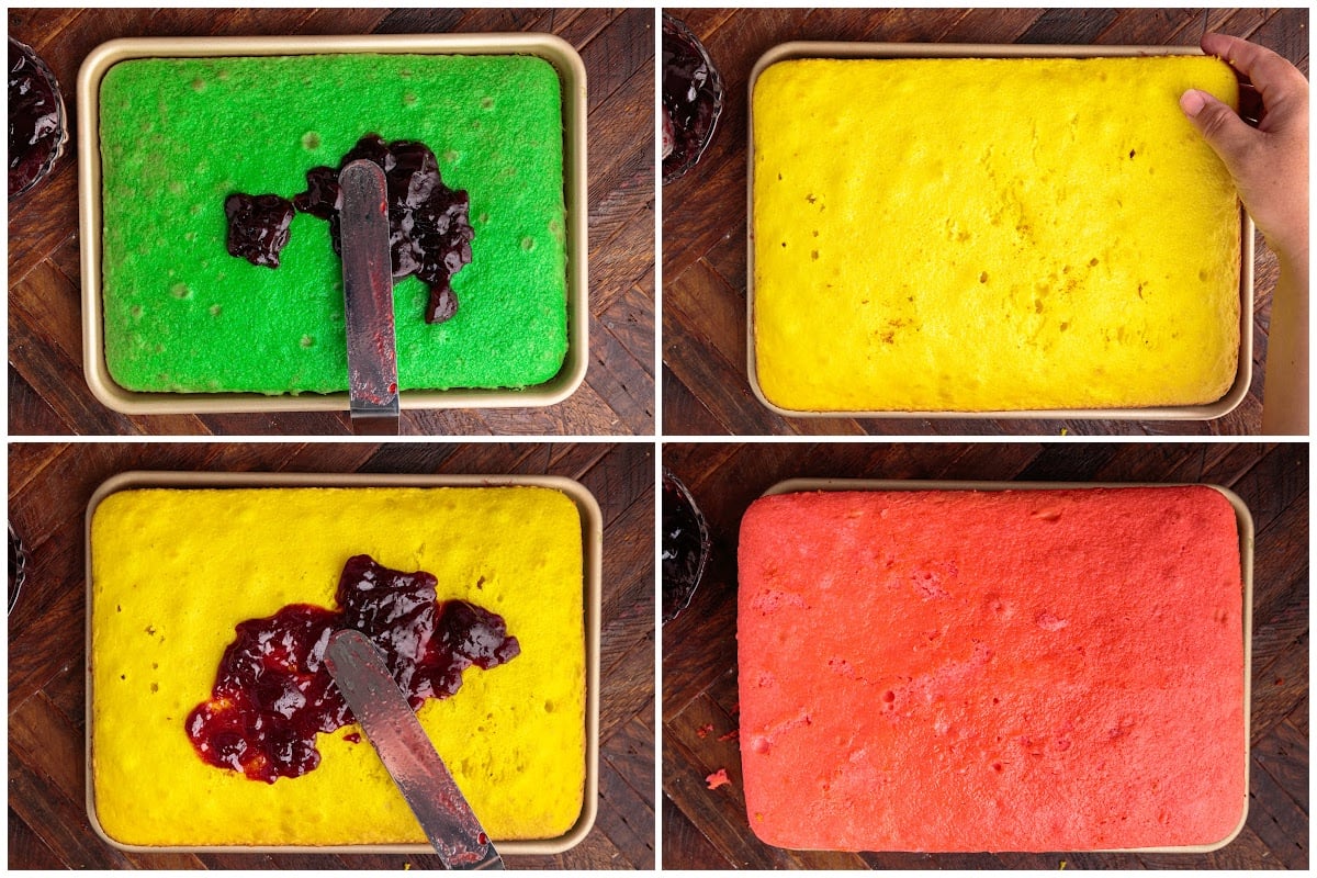 Four images of Italian Rainbow Cake after being baked with raspberry jam spread on green and yellow layers. 