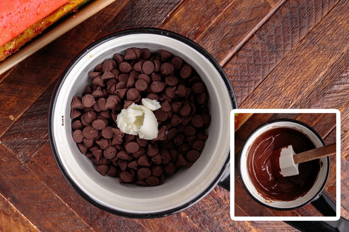 Chocolate chips in a bowl with shortening on top and an image of it melted.