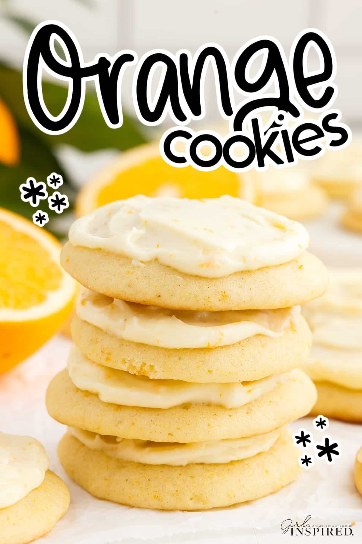 A stack of orange cookies with text overlay.