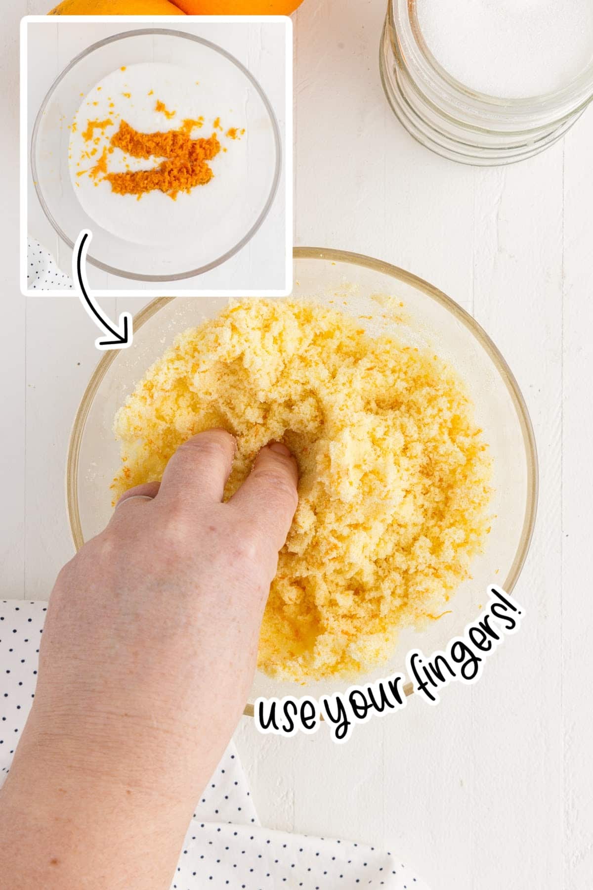 Two images of sugar and orange zest in a bowl and being mixed by hand with text overlay.