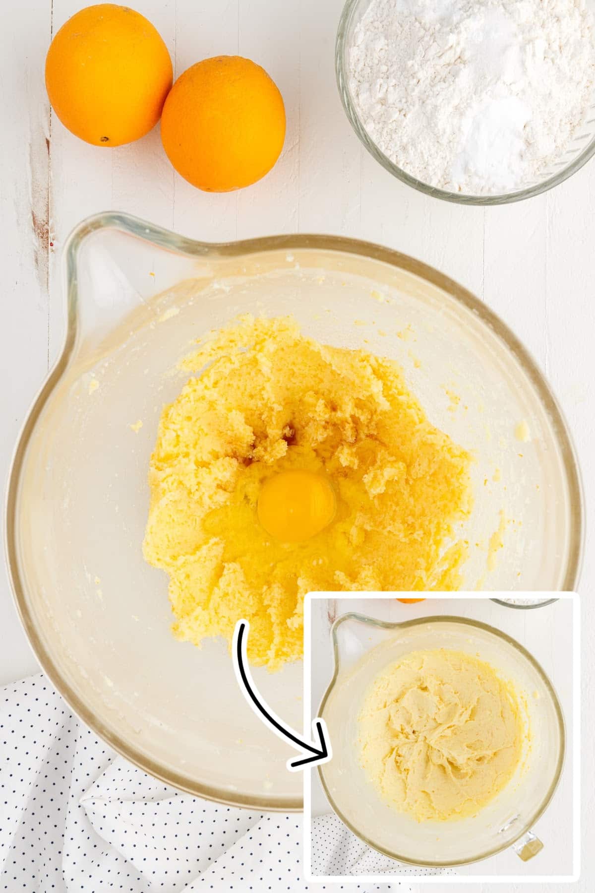 Two images of egg added and mixed in.