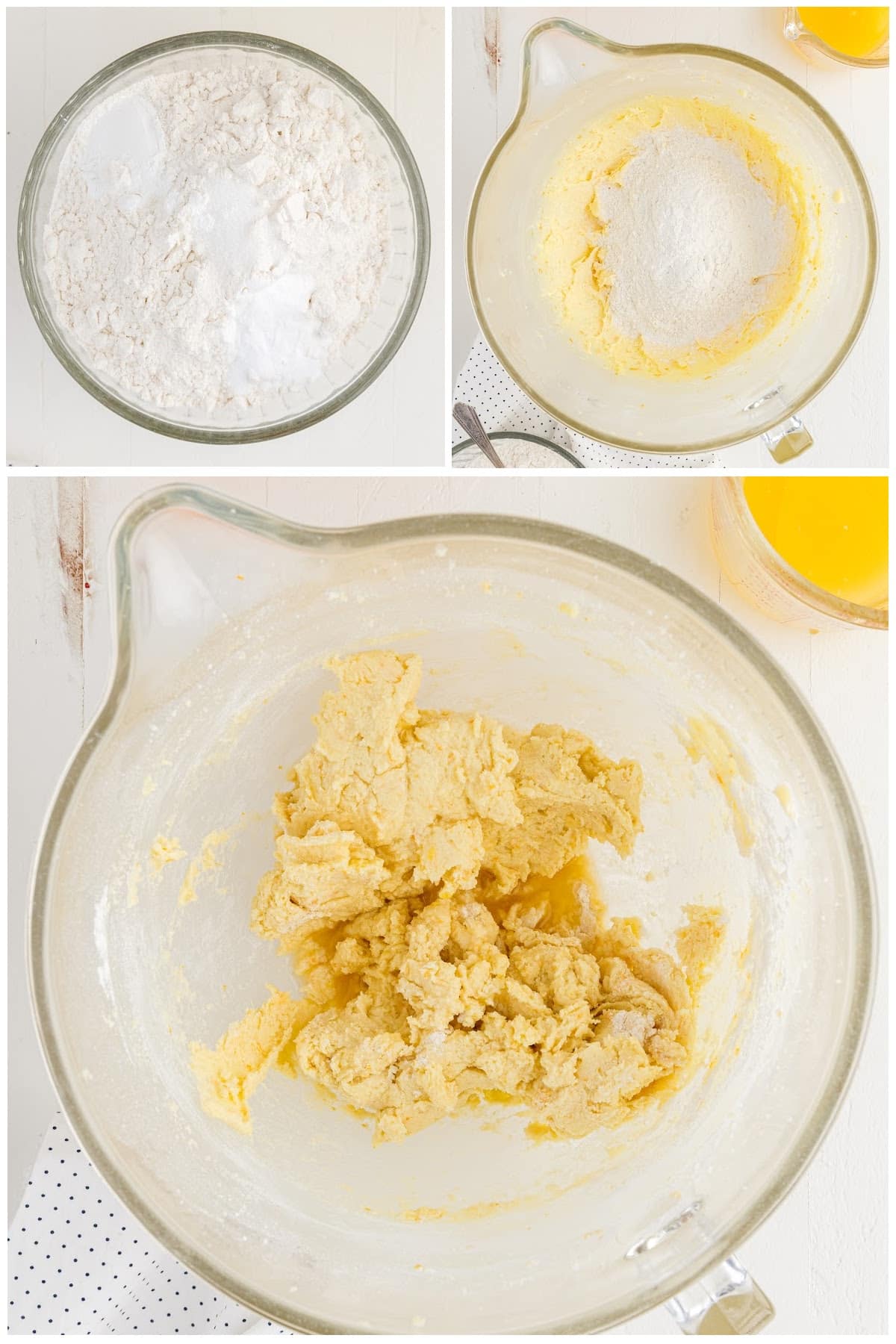 Flour baking soda, and baking powder in a bowl, flour mixture added to wet ingredients and then mixed together.