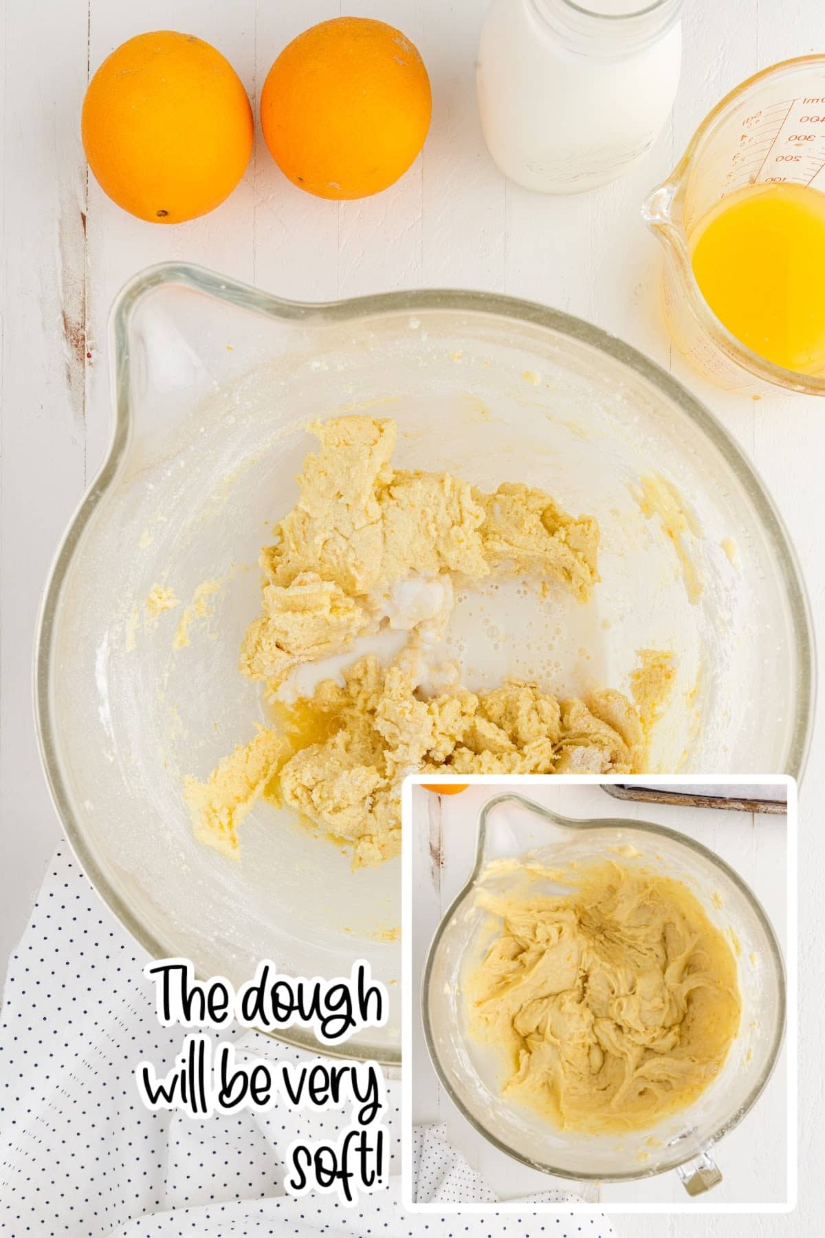 Buttermilk added to dough and mixed in with text overlay.