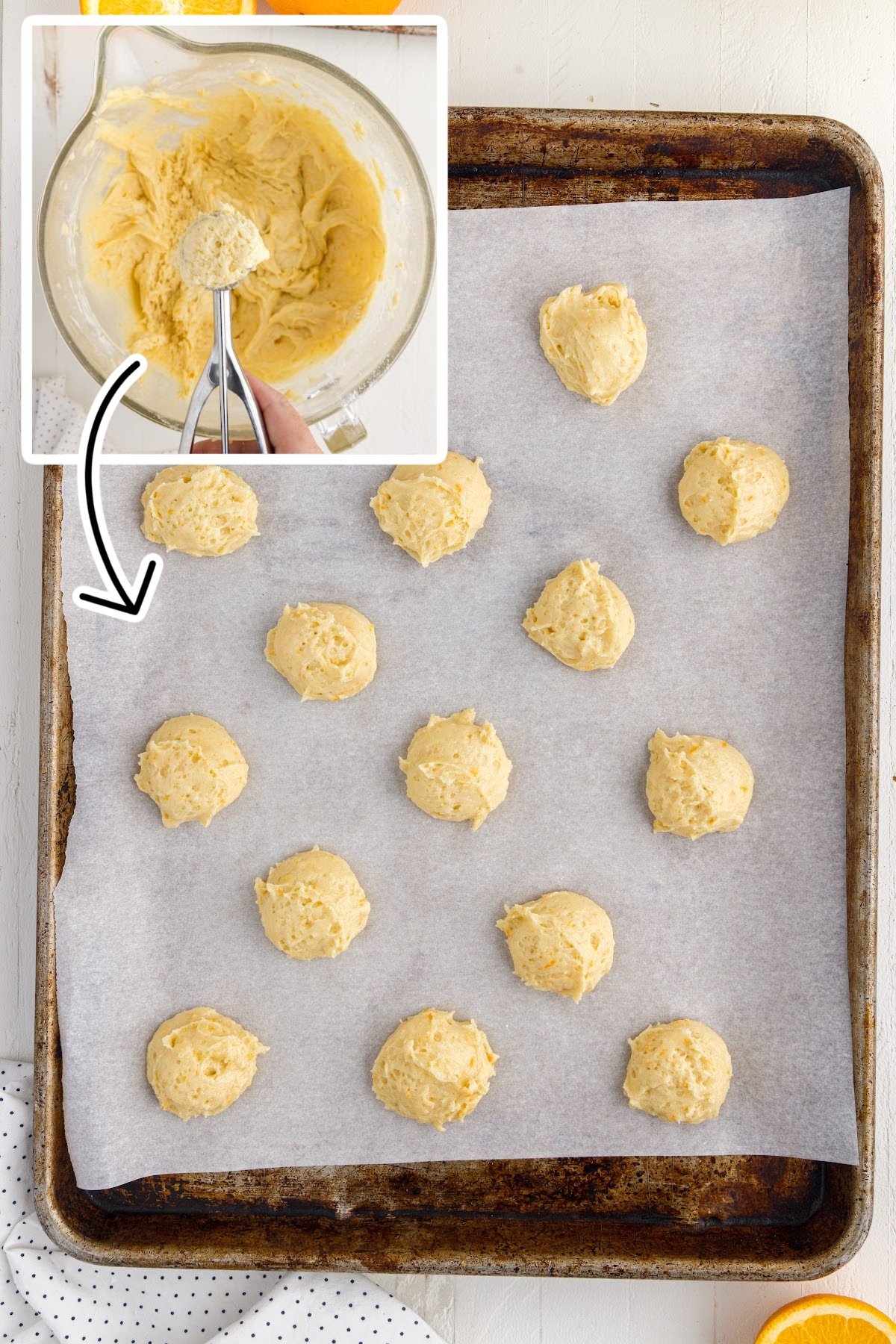 Two images of dough on scoop and round dough balls on parchment paper lined cookie sheet.