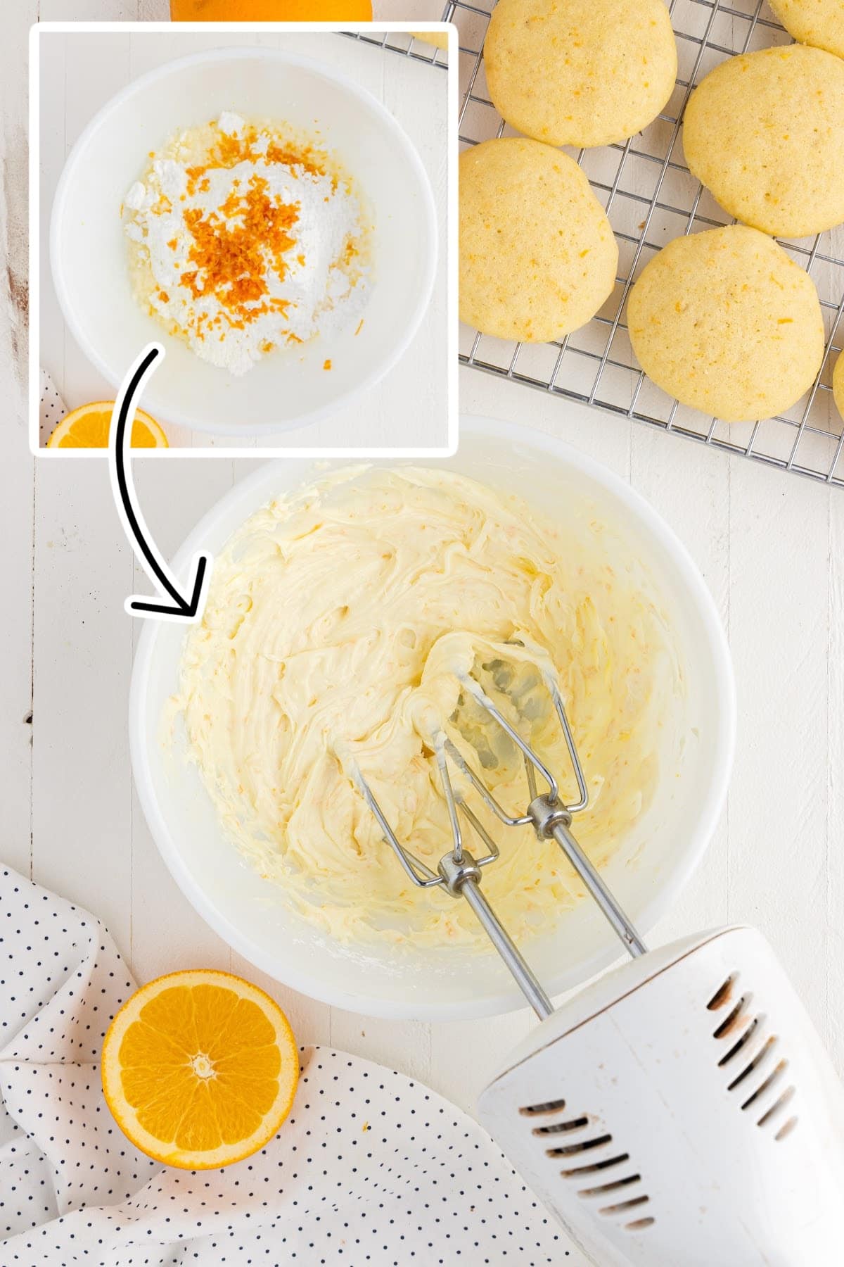 Powdered sugar, orange zest, and heavy cream in a mixing bowl and after being mixed with a hand mixer.