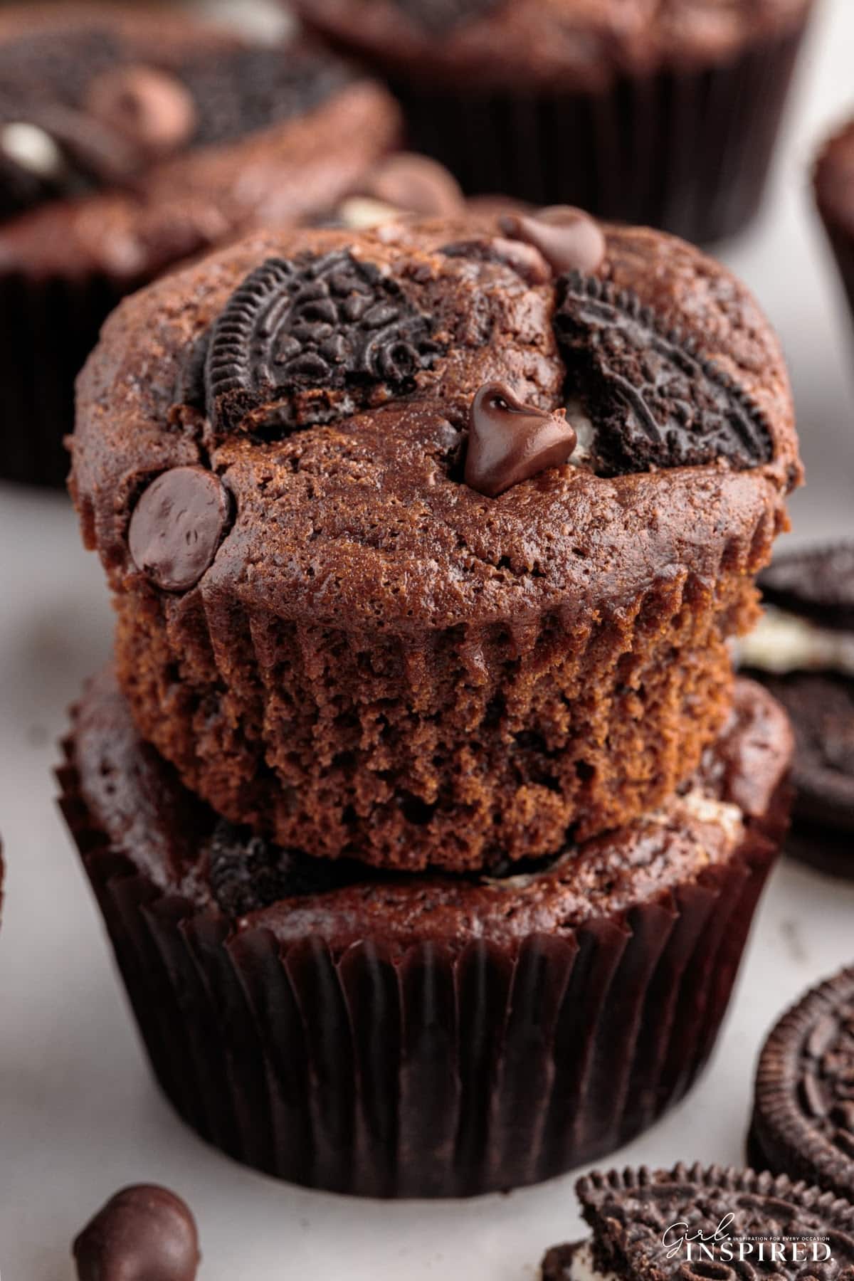 Two Oreo Muffins stacked on each other.