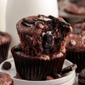 Oreo Muffins stacked on each other.