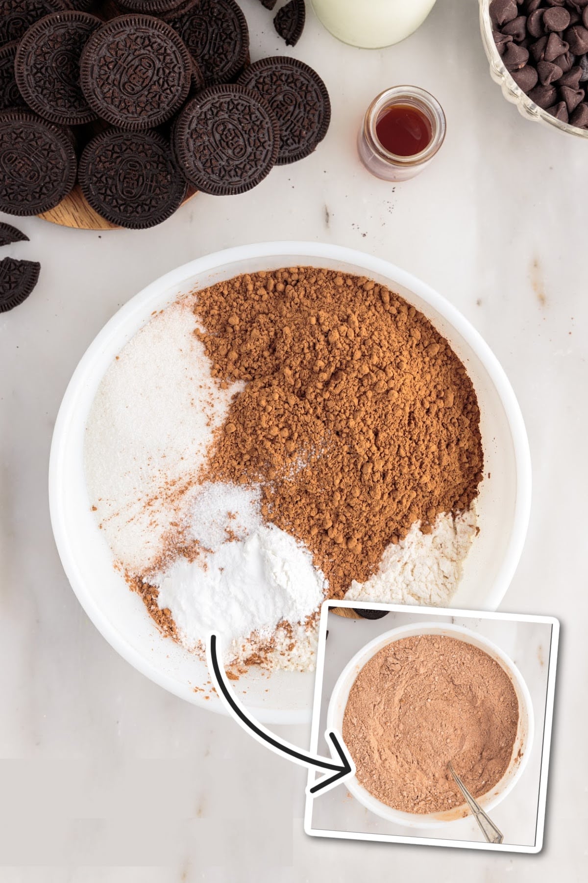 Two images of dry ingredients in a mixing bowl and dry ingredients mixed together.