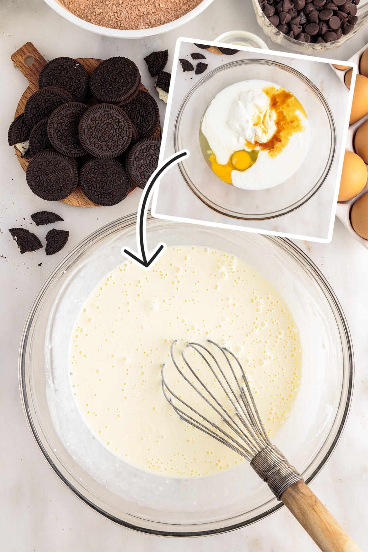 Two images of wet ingredients added to a mixing bowl and wet ingredients mixed together.