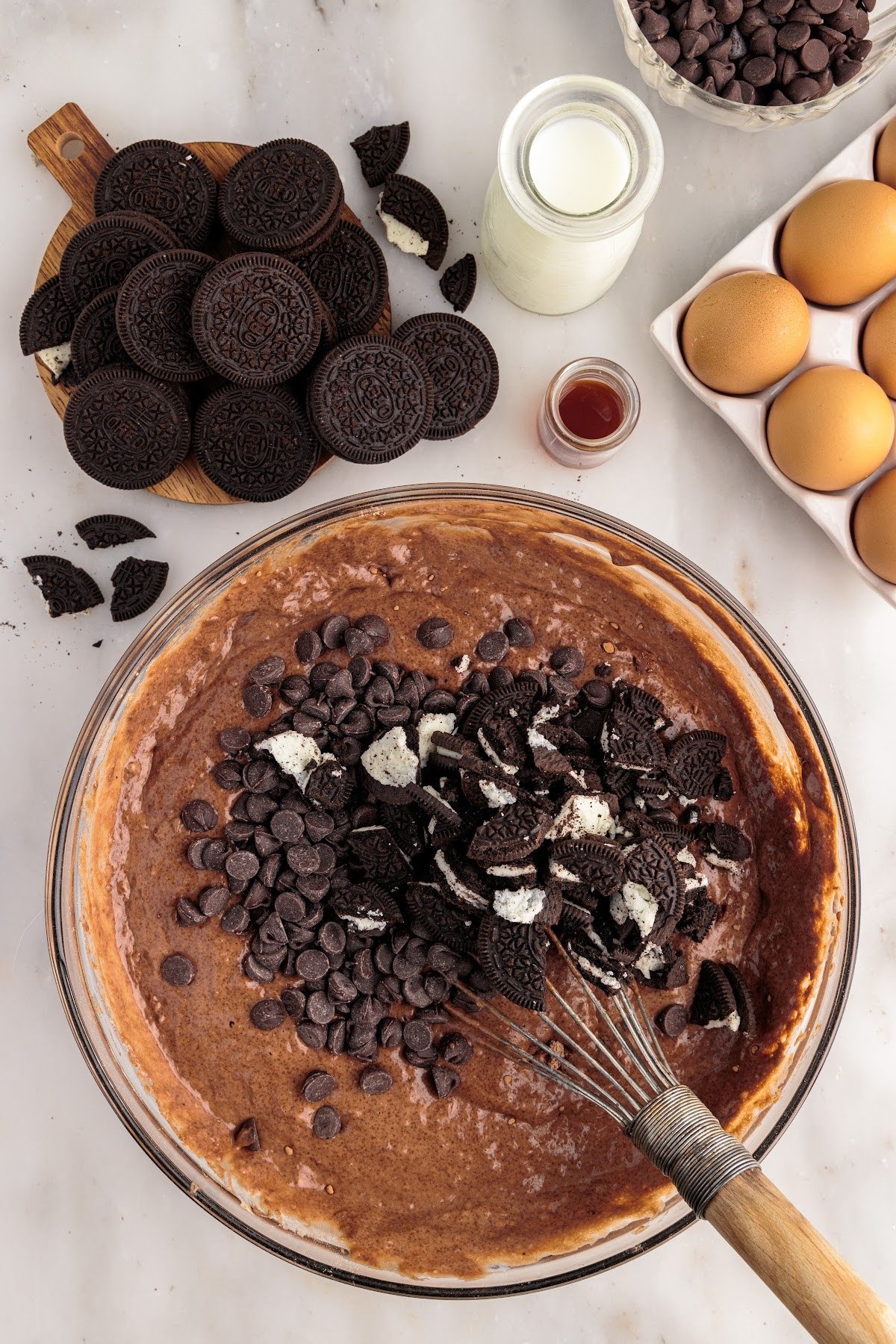Chocolate chips and crushed Oreos added to batter.
