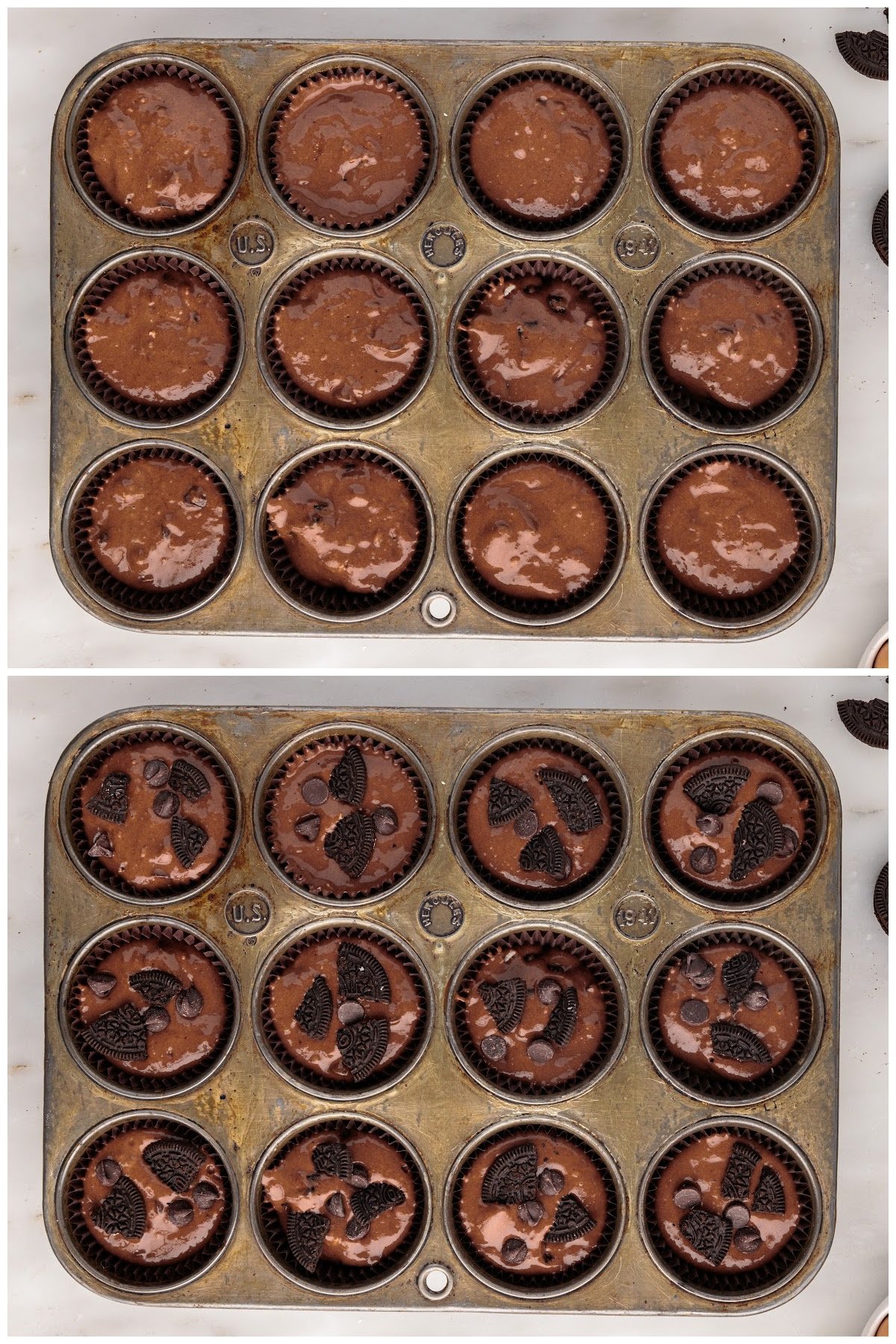 Two images of a muffin tin with batter added and crushed oreos added to the top.