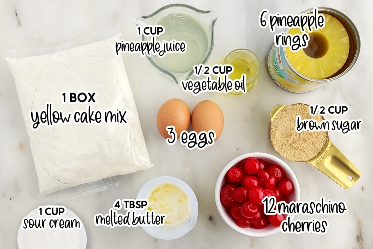 Ingredients needed to make Pineapple Upside Down Bundt Cake with text overlay.