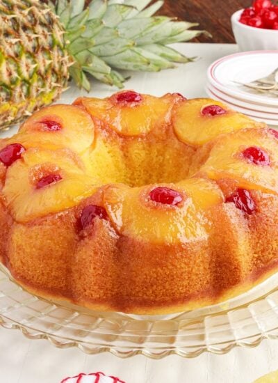 Front close up of Pineapple Upside Down Bundt Cake.