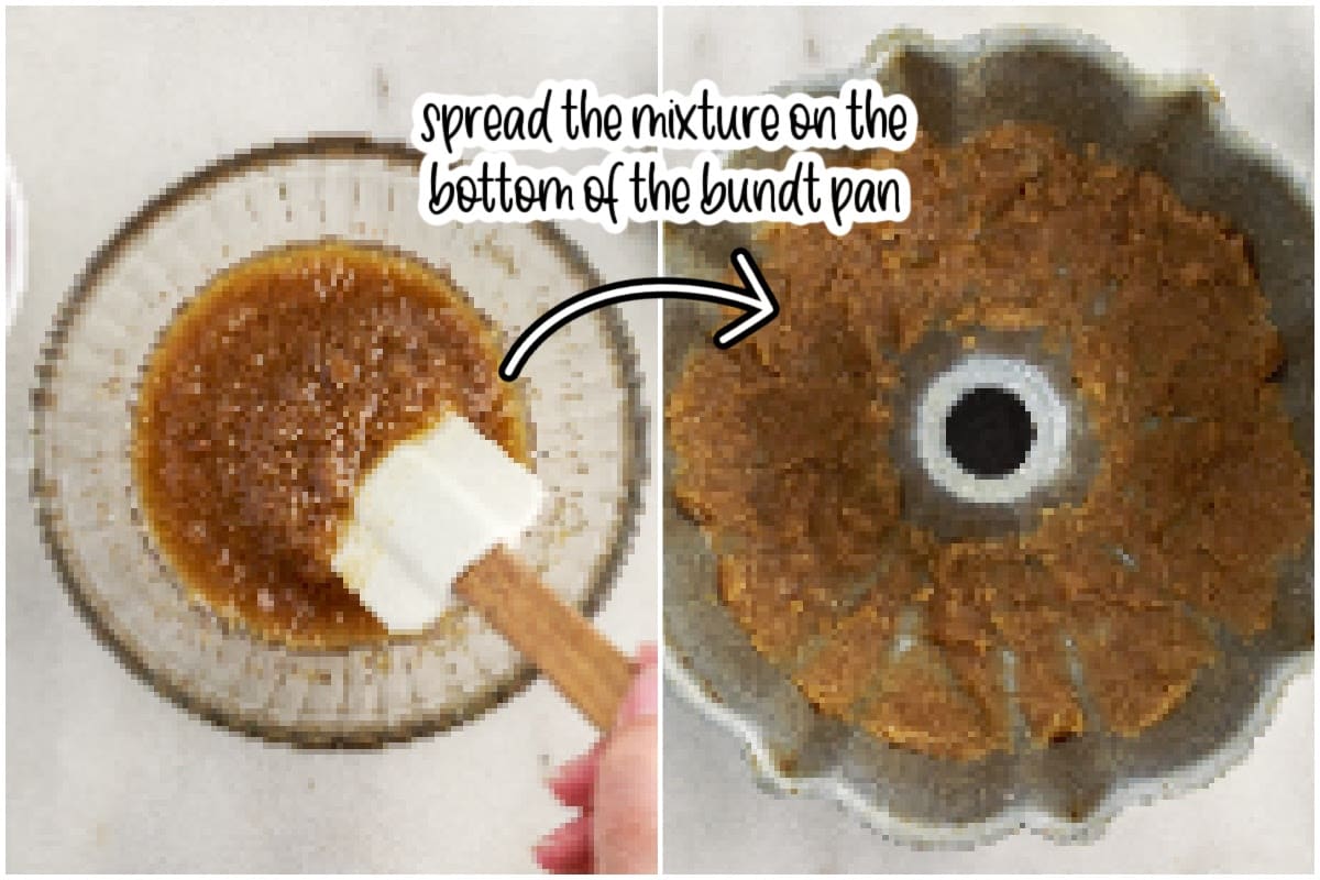 Butter and brown sugar melted in a bowl and poured in a bundt pan with text overlay.