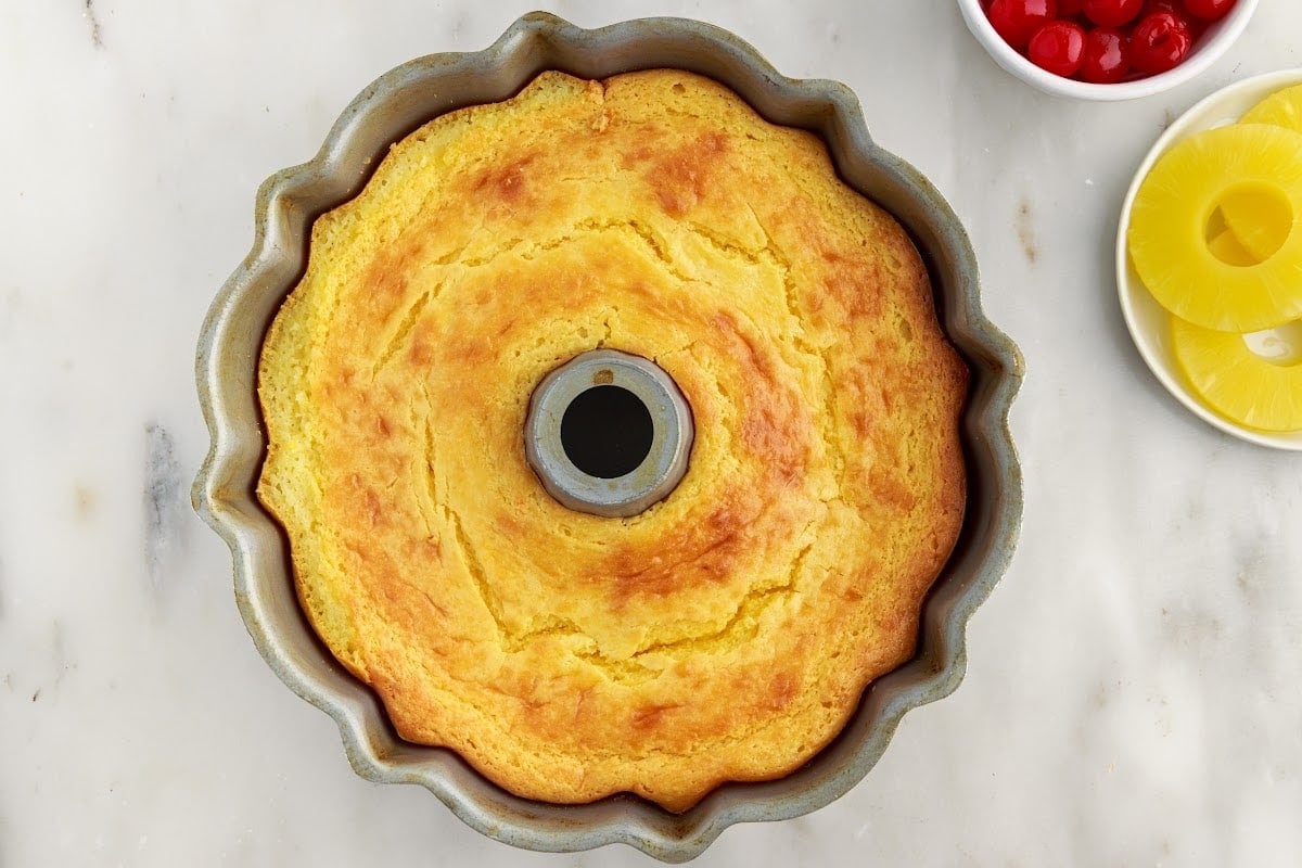 Pineapple Upside Down Bundt Cake after being baked in bundt pan.