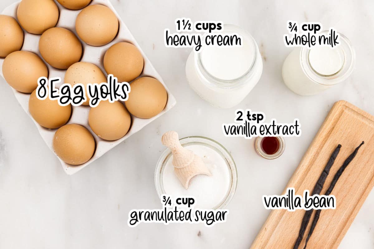 Ingredients needed to make Vanilla Bean Creme Brulee with text overlay.