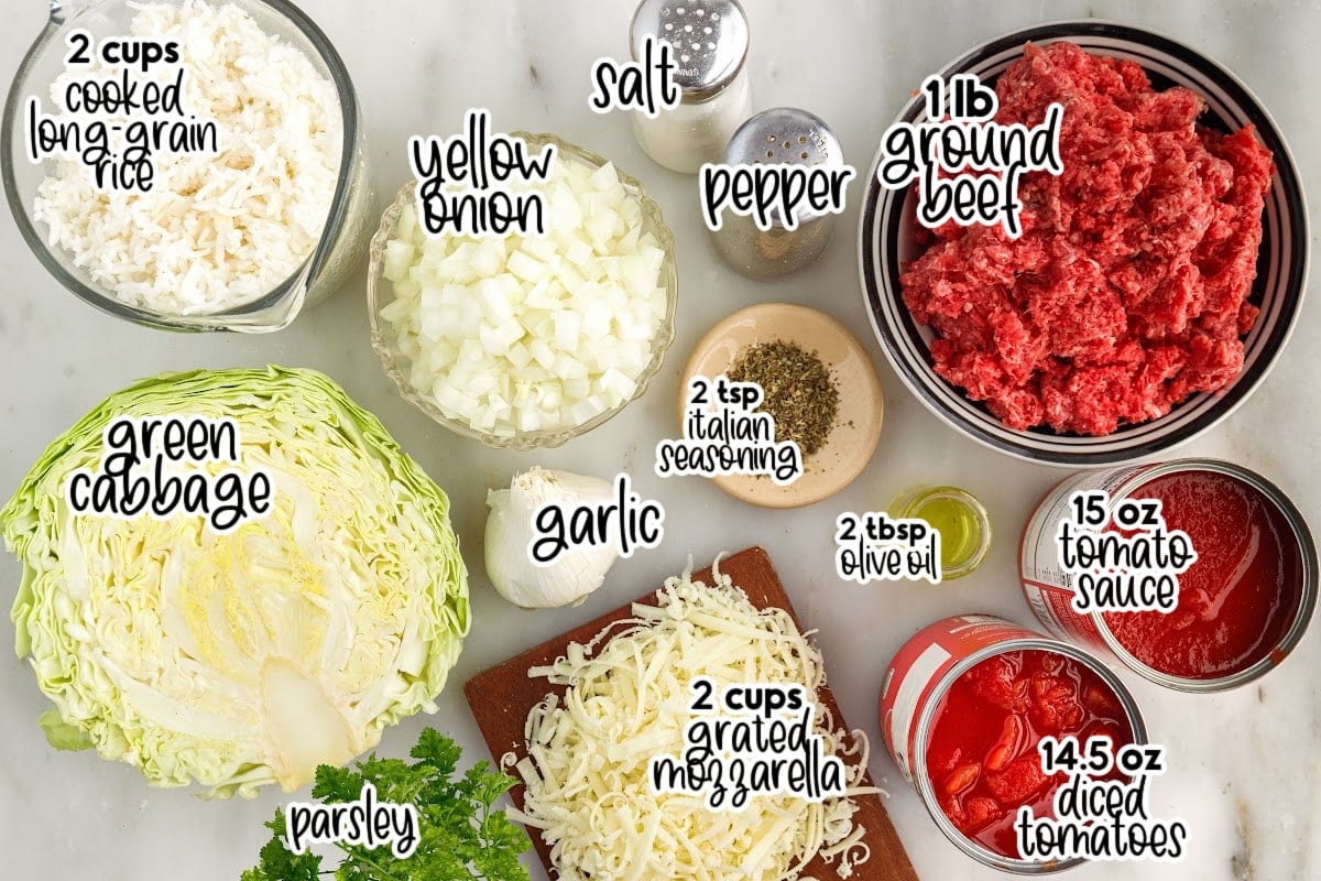 Ingredients needed to make Cabbage Roll Casserole with text overlay.