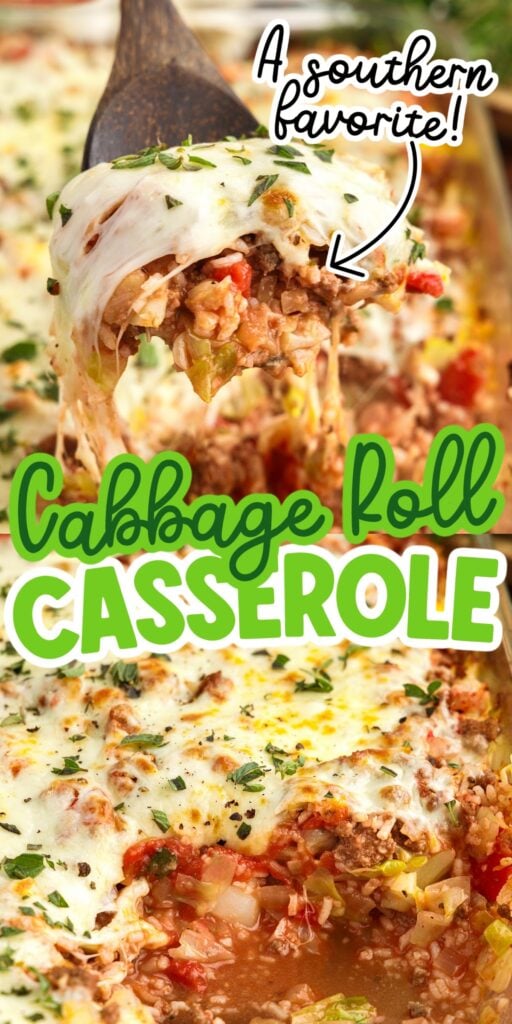 Two images of Cabbage Roll Casserole with text overlay.