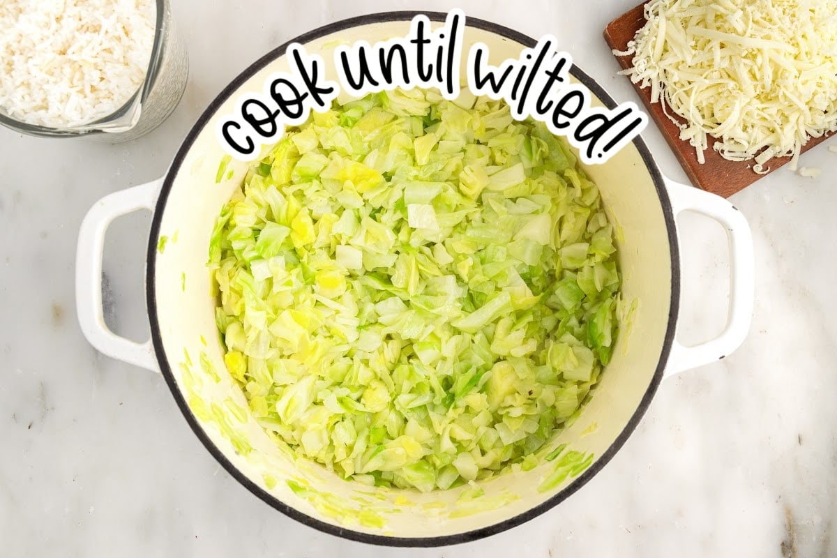 Cabbage in a pot with text overlay.