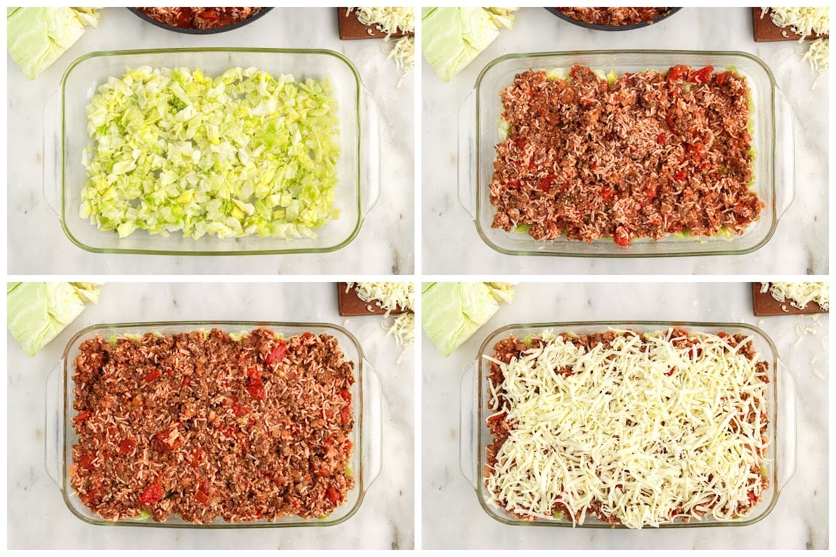Four images of Cabbage Roll Casserole being assembled.