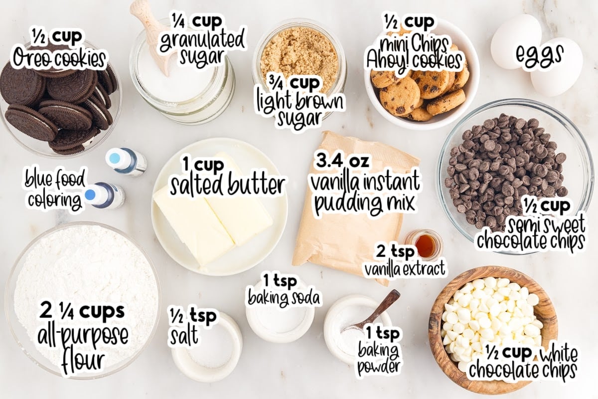 Ingredients needed to make Cookie Monster Cookies with text overlay.