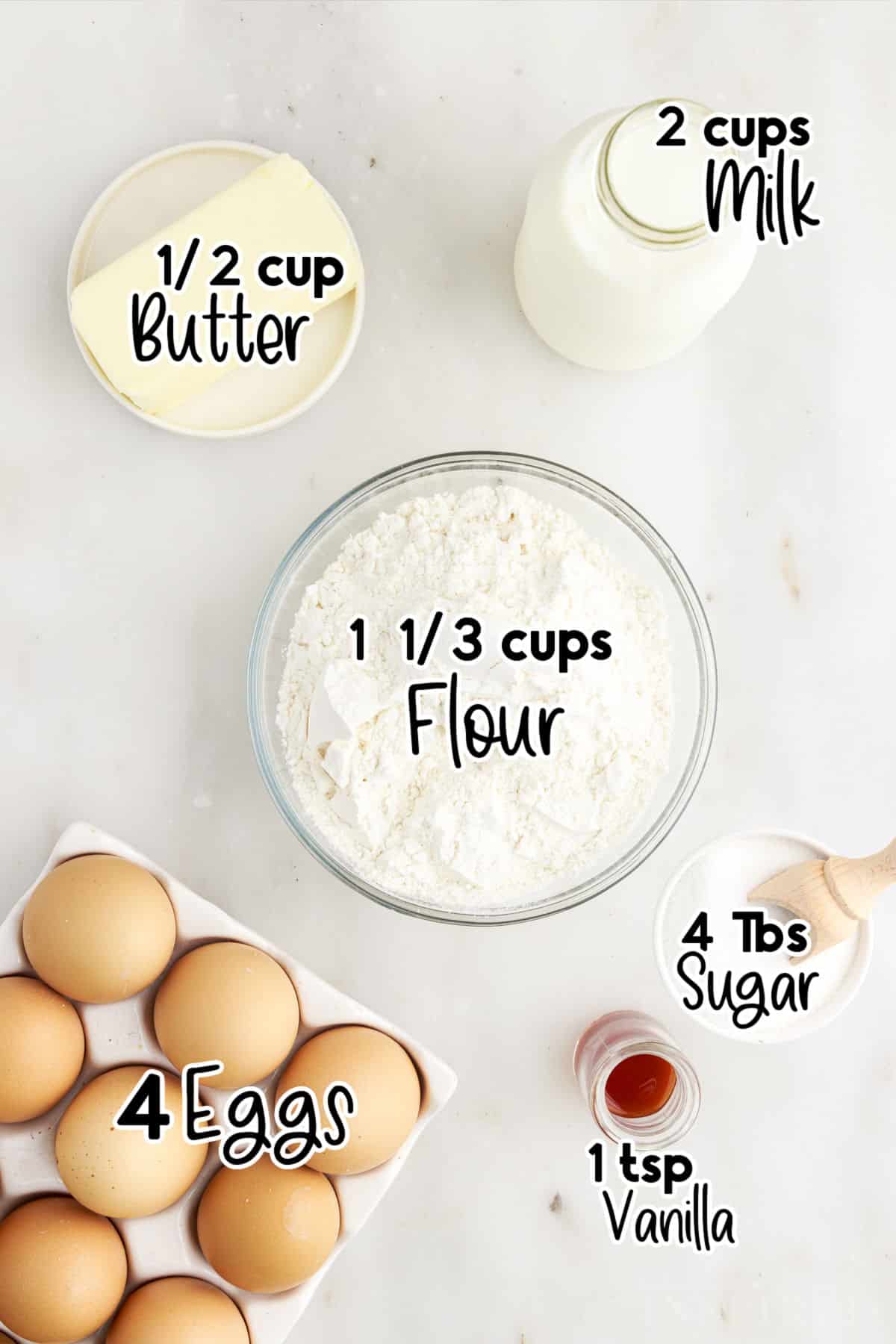 Individual ingredients for German pancakes with text labels.