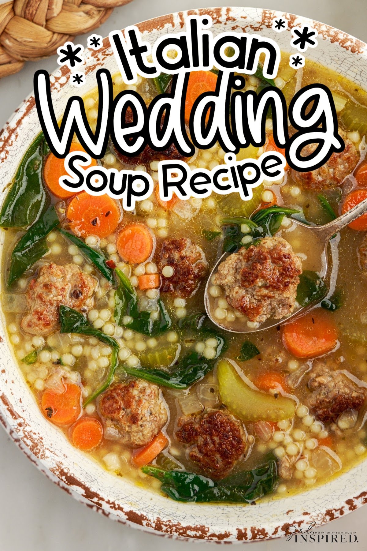 A bowl of Italian Wedding Soup with text overlay.
