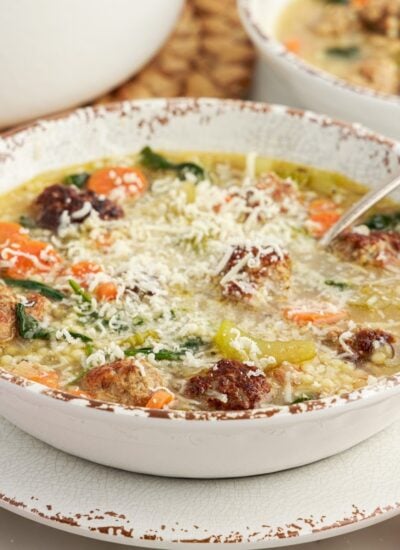 Close up view of a bowl of Italian Wedding Soup.