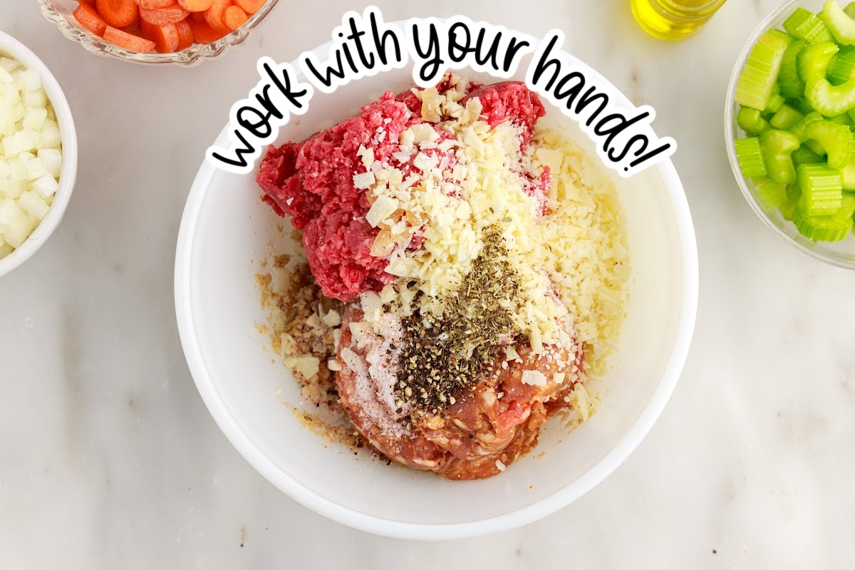 Breadcrumbs, meats, seasonings, and cheese in a mixing bowl with text overlay.