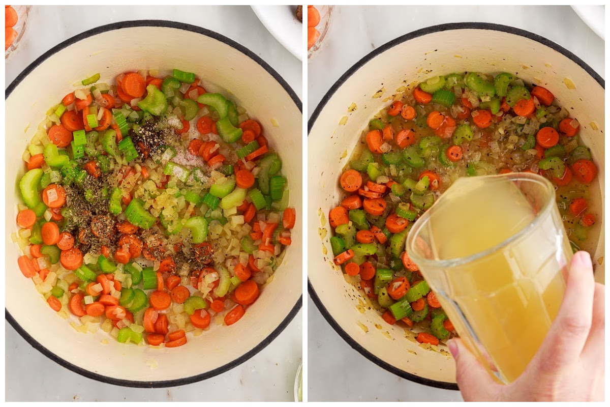 Two images of veggies in a pot with seasonings added and chicken broth added.