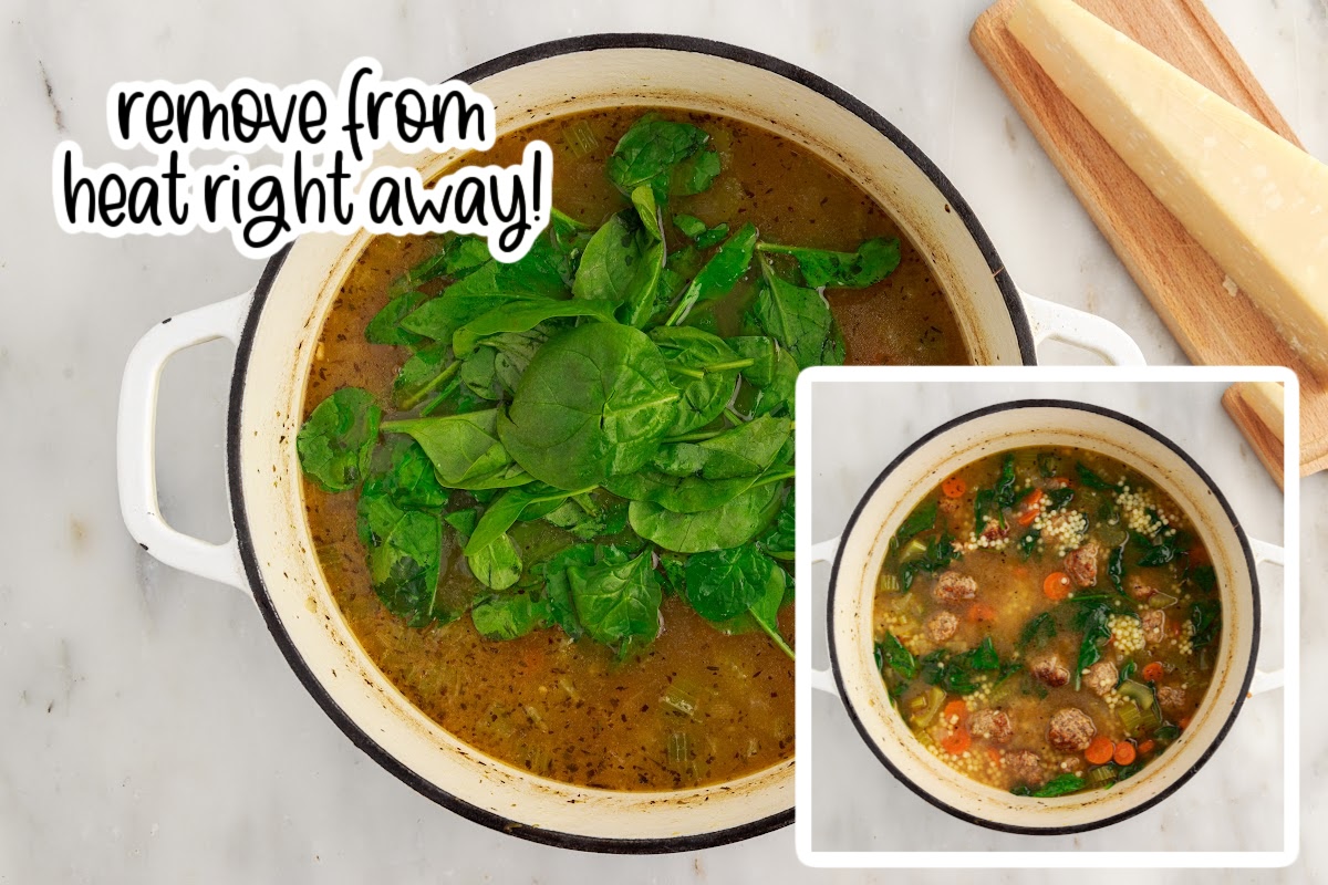 Two images of spinach added to soup and the pot of soup after being mixed with text overlay.