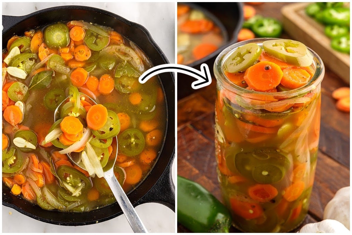 Two images of Pickled Jalapeños and Carrots in a pan and in a jar.