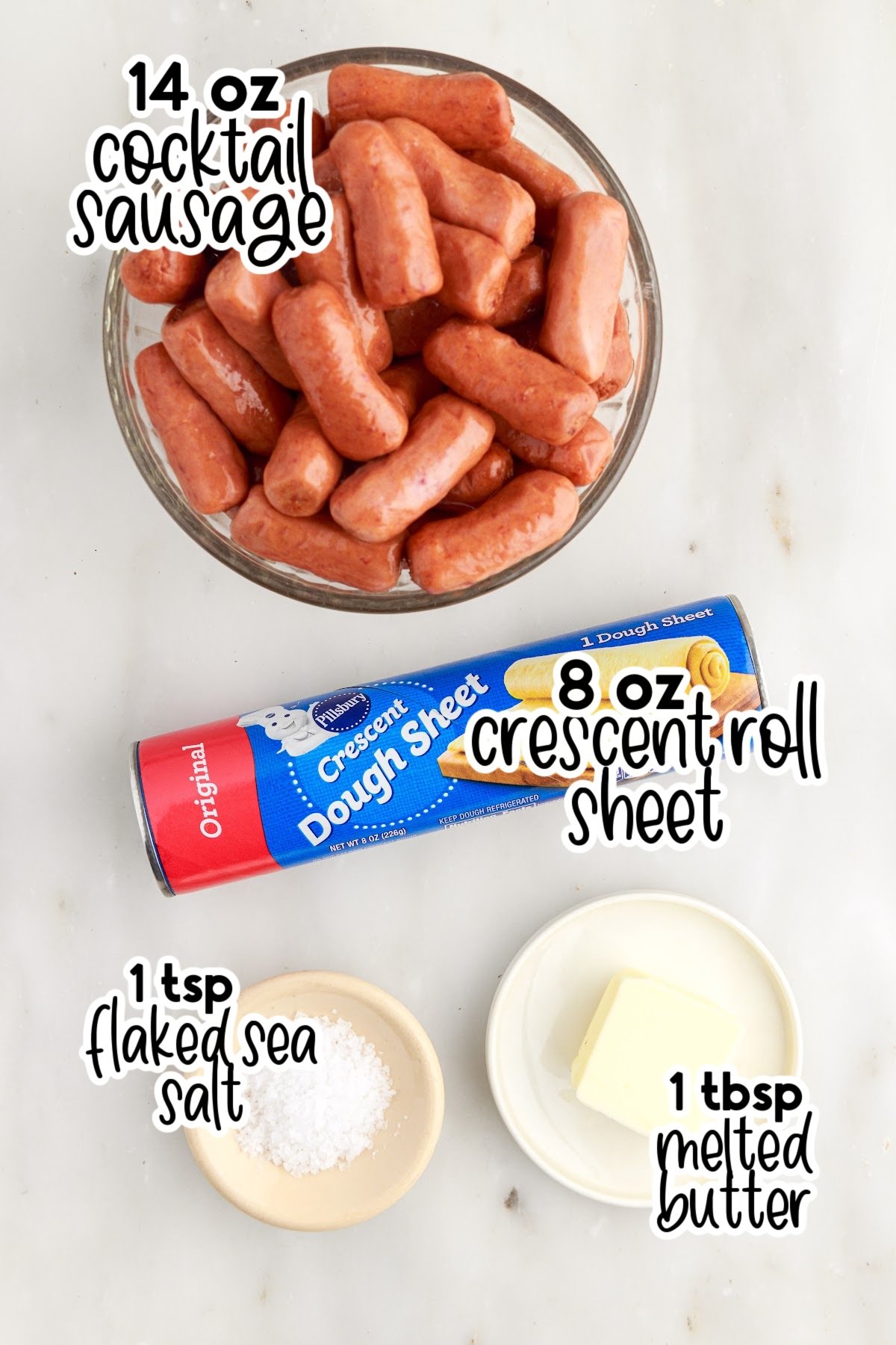 Ingredients needed to make Air Fryer Pigs in a Blanket with text overlay.
